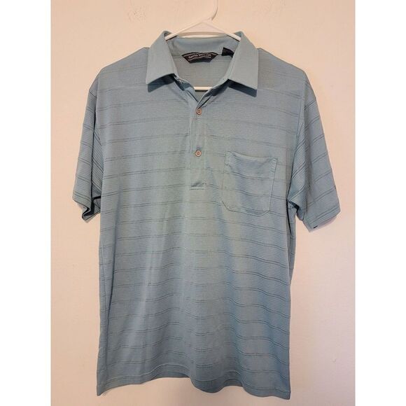 David Taylor Mens Polo Shirt Size Medium Striped Button-Up Short Sleeve Blue - Picture 1 of 4